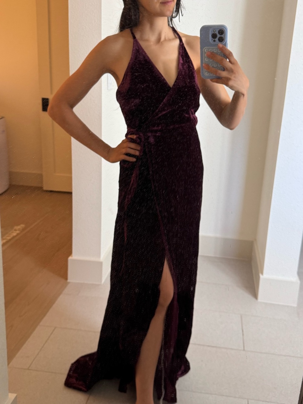 Yumi Kim Velvet Halter Wrap Gown - Plum